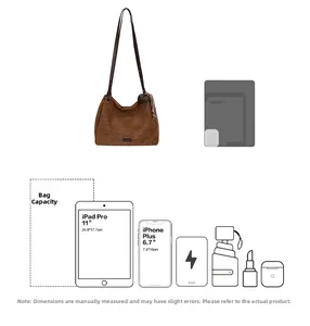 Detail view showing large capacity of the brown suede tote bag for iPad and iPhone