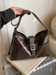 Fashionable dark brown large Hobo shoulder bag with retro leather texture and metal buckle