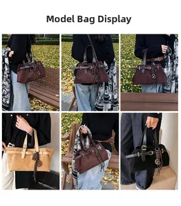 Detail shots showing multi-color retro large capacity suede shoulder bags with strap buckles