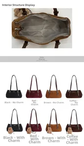 Detail view of suede baguette shoulder bag interior and variety of color options