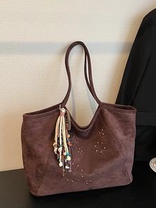 Vintage Wildleder Tragetasche Mit Großer Kapazität Für Damen Lässige Schultertasche Mit Nieten Und Ethnischem Quastenanhänger