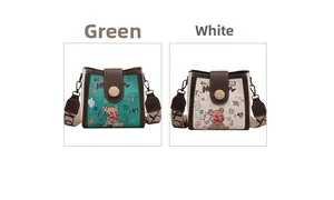 Detail view of mini crossbody bags in green and white with bear graffiti and wide straps
