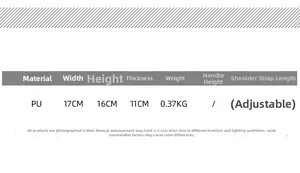 Size chart for graffiti bucket bag in PU leather with 17x16x11cm dimensions and adjustable strap