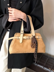Caramel suede vintage tote bag with large capacity and decorative charms for women