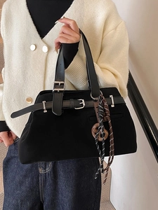 Retro black matte tote bag with silver buckle and braided rope strap for women