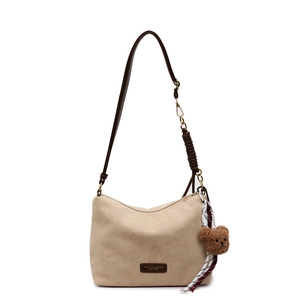 Grand sac cabas beige vintage avec lanières en cuir marron et breloque ours pour femmes