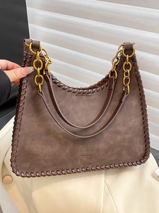 Retro large-capacity coffee tote bag with woven edges and gold chain handle detail