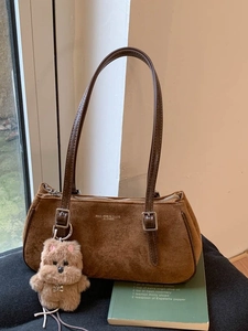 Retro PU Leather Baguette Underarm Bag With Plush Bear Charm Women Fashion Minimalist Solid Color Shoulder Bag For Daily Matching