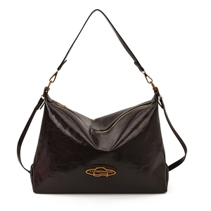 Grand sac hobo vintage en cuir ciré avec logo métallique et bandoulière réglable