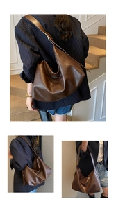 Three-way view of a large brown soft leather tote bag worn by a model in casual style