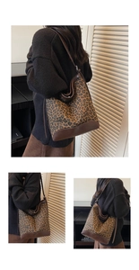 Close-up of leopard print hobo bag with dark brown leather trim and large capacity