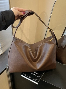 Vintage dark brown large capacity faux leather tote bag for women with wide shoulder strap