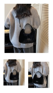Détails d'un sac en fausse fourrure noire avec poignées en cuir et métal argenté