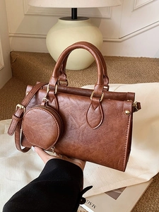 Women Retro PU Leather Small Square Handbag With Round Coin Purse Gold Hardware Casual Crossbody Shoulder Bag Solid Color