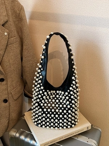 Vintage PU-Leder Achseltasche mit Kunstperlen Verzierung für Damen Große Kapazität Hobo Schultertasche Elegante Party Tote