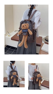 Detail of brown backpack with teddy bear pattern and 3D plush bear accessory