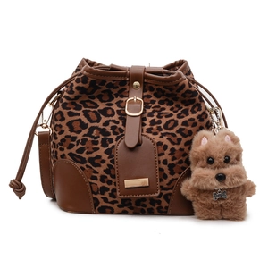 Fashion leopard print bucket bag with drawstring closure and brown leather trim detailing