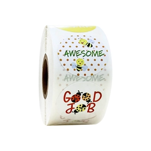 Roll of round rewards stickers for kids with cute cartoon insects and teacher praise