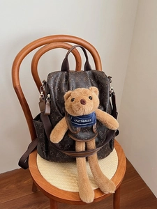 Women Casual Bear Print Backpack PU Leather Cute College Student School Bag With Plush Bear Pendant Fashion Travel Shoulder Bag