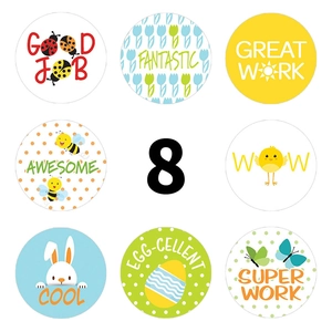 Set of 8 colorful cartoon reward stickers with encouraging English words for kids
