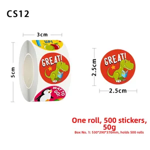 Detail showing cartoon dinosaur reward stickers roll with dimensions and piece count