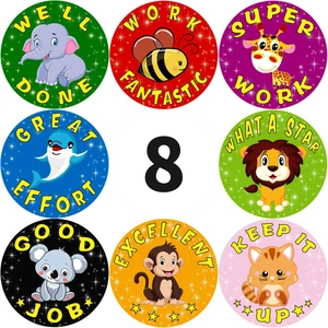 8 pack of colorful animal motivational reward stickers for kids featuring a lion and elephant