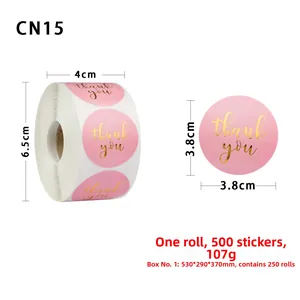 Pink gold foil Thank You roll stickers with 3.8cm diameter and 500 labels per roll