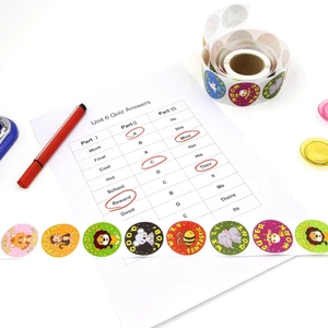Colorful cartoon animal reward stickers with encouraging English phrases for school teachers