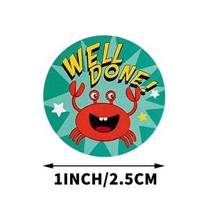 Round well done reward stickers with cartoon crab design for kids 1 inch 2.5cm labels