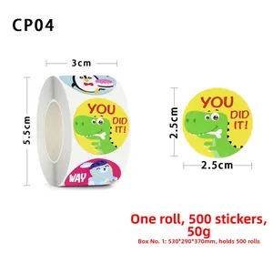 Detailed view showing dimensions of 2.5cm reward stickers with 500 pieces per roll