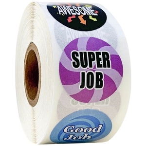 Roll of colorful motivational reward stickers with Super Job and Awesome text designs