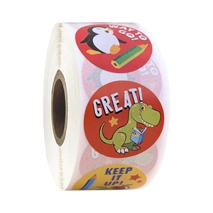 Roll of colorful cartoon animal reward stickers with encouraging English phrases for kids