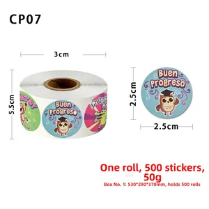 Detail showing 2.5cm round reward stickers with cute cartoon animals and Spanish phrases