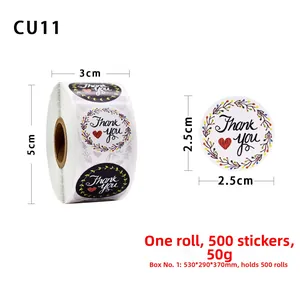 Detail of round Thank You stickers with floral design and 2.5cm diameter measurement