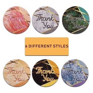 Roll of 6 marble design thank you stickers with gold geometric lines for packaging