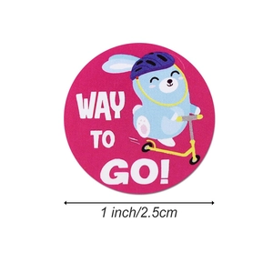 Pink reward sticker with cartoon rabbit on scooter and WAY TO GO text 1 inch diameter