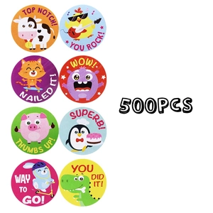 Roll of 500 round motivational animal stickers with 8 cartoon designs for kids