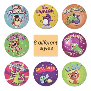 500pcs roll of Spanish reward stickers with eight colorful cartoon animal designs for kids