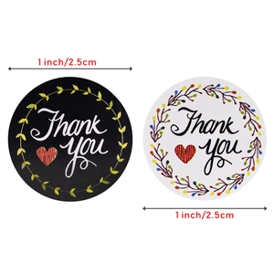1-inch floral Thank You adhesive roll stickers with black and white heart designs