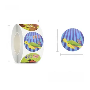 Detail of 500-count cartoon animal reward stickers with encouragement phrases and size specs