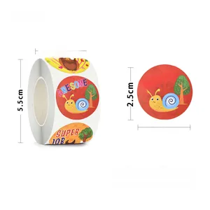 Detail of 500 snail reward stickers showing Awesome and Super Job text with size labels
