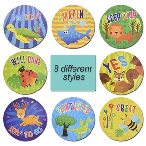 Roll of 500 reward stickers featuring 8 cartoon animal styles and motivational words