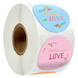 Floral Handmade With Love Sticker Labels Roll Round Copperplate Paper Decorative Self-Adhesive Seal Labels For Gift Wrapping Baking DIY Scrapbooking Stationery Decorations
