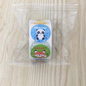 Roll of cartoon animal reward stickers with encouraging text for kids classroom praise