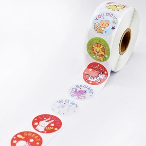 Roll of animal-themed reward stickers for children with English encouraging words