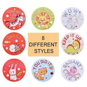 Roll of 8 different cartoon animal reward stickers for children with motivational words