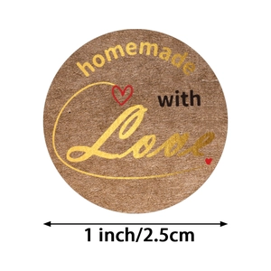1 inch round kraft stickers with gold foil homemade with love text and red hearts