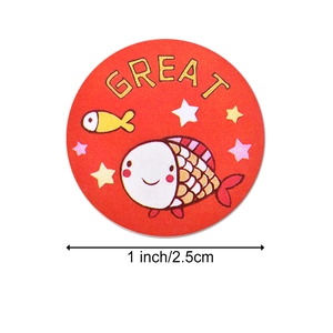 Round red reward sticker for children with gold Great text and cute colorful fish pattern