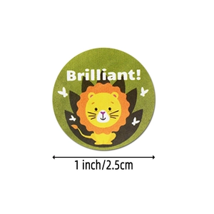 Green roll-packed 1 inch round animal reward stickers with yellow lion and Brilliant text