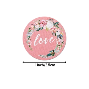 Pink floral thank you sealing stickers with love text, 1 inch round self-adhesive labels
